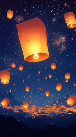 Lanterns flying in the night sky, paper lanternsの素材