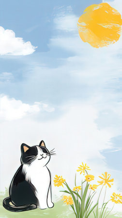 Cute cat sitting on the grass with yellow flower and blue skyの素材