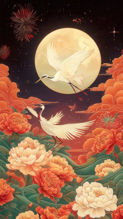 Chinese New Year landscape, full moon and cranes in the skyの素材
