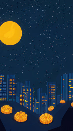 Night city landscape with moon and skyscrapers. Vector illustration.の素材