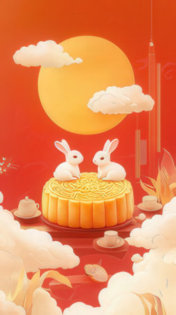 Mid-Autumn Festival moon cake and rabbit, 3D renderingの素材
