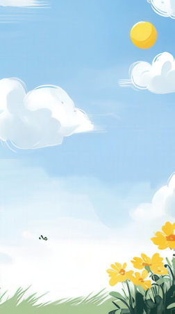 Summer background with yellow daffodils and blue sky with cloudsの素材