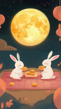 Illustration of Cute Bunnies and Moon in the Nightの素材