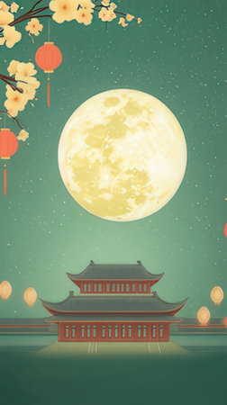 Chinese New Year background with traditional lanterns, cherry blossom and full moonの素材