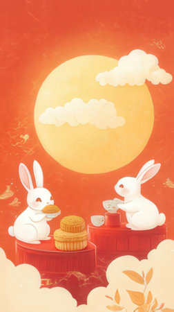 Chinese Mid Autumn Festival, three rabbits and mooncake on the red backgroundの素材