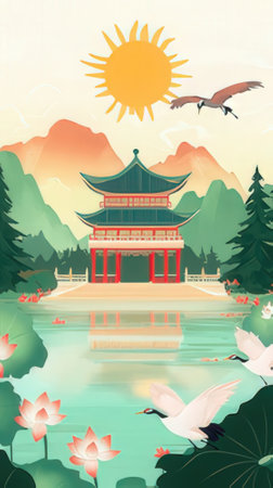 Landscape with Chinese pagoda and red lotus lake. Vector illustration.の素材