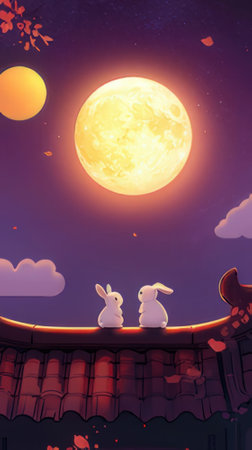 Chinese lunar new year background with rabbit and full moon, illustration.の素材