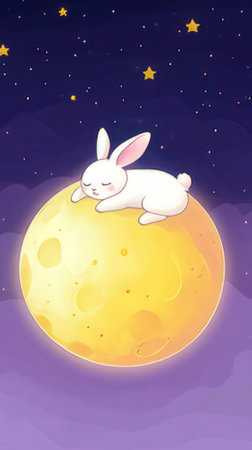 Illustration of a Cute Little Bunny Sleeping on the Moon at Nightの素材