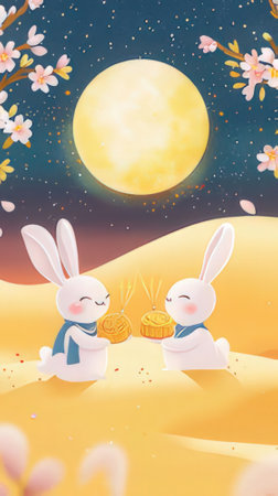 Cute cartoon rabbits in the desertの素材