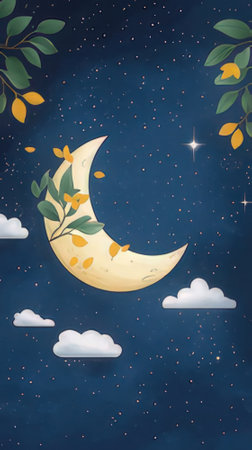 Night sky with moon and stars. Cute cartoon vector illustration.の素材