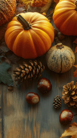 Autumn still life with pumpkins, leaves and chestnuts on wooden backgroundの素材