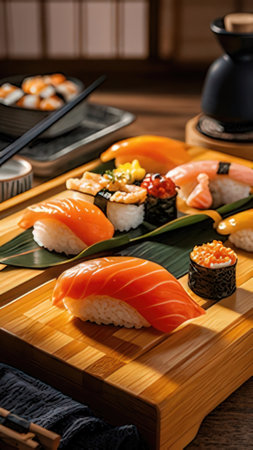 Sushi set on a wooden plate in a Japanese restaurant, close-upの素材
