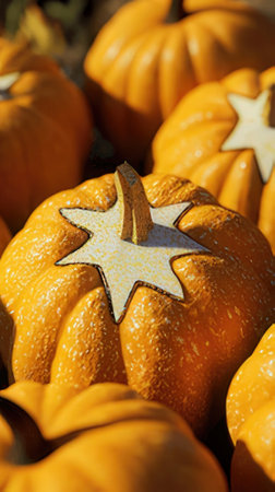 Pumpkin patch on sunny autumn day. Colorful pumpkins for Halloween.の素材