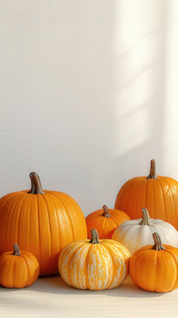 Pumpkins on white wooden table, closeup. Space for textの素材