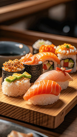 Sushi set on a wooden board, close-up, selective focusの素材