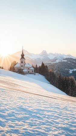 Alpine chapel in the mountains at sunset.の素材