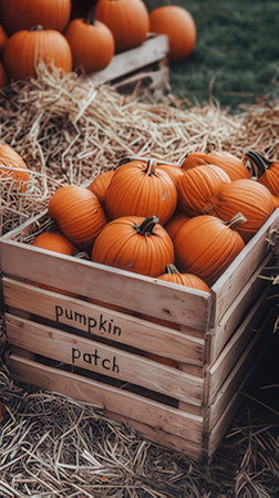 Harvested pumpkins in a wooden box on a haystackの素材
