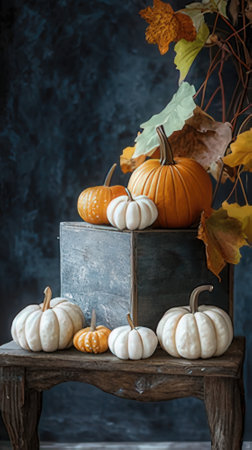 Autumn still life with pumpkins and leaves over dark blue backgroundの素材