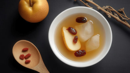 Chinese pear compote in a white bowl on a black background.の素材