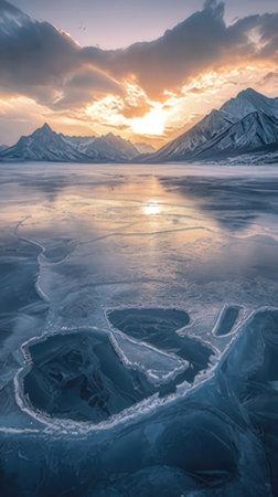Beautiful winter landscape with frozen lake and mountains at sunset. Caucasus, Russiaの素材
