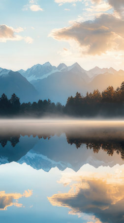 Reflection of mountains and clouds in a lake at sunrise, New Zealandの素材