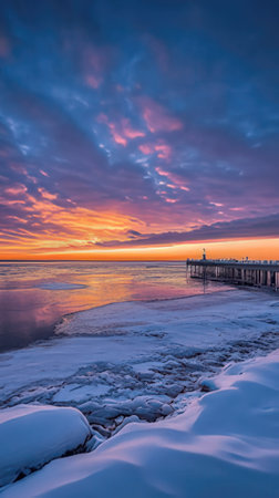 Winter sunset on the Baltic Sea in Gdansk, Poland.の素材