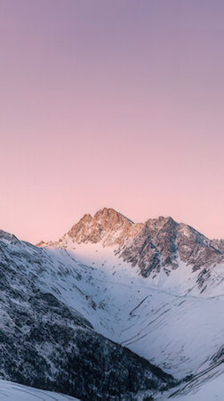 Mountain landscape with snowy peaks at sunset.の素材