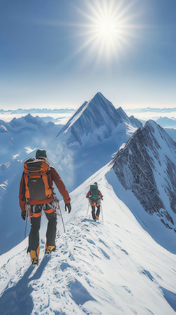 Climbers in the mountains against the background of the sun.の素材