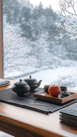 Cup of tea and teapot on wooden table near windowの素材