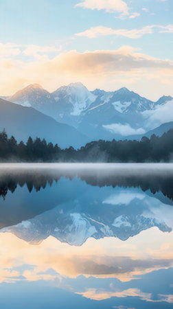 Reflection of mountains and clouds in a calm lake at sunrise.の素材