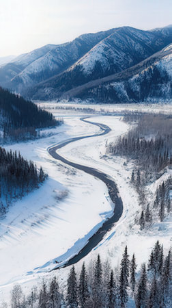 Snowy winter landscape with river and mountains in the background. Carpathians, Ukraineの素材