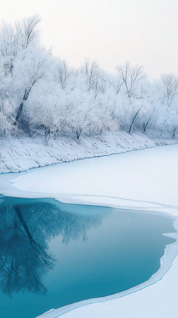 Winter landscape with frozen river and trees in hoarfrost. Russiaの素材