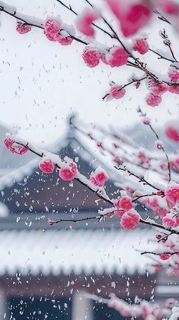 sakura blossom in winter with snow and snowflakes.の素材