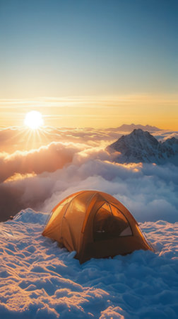 Tent on the top of the mountain in the rays of the rising sunの素材
