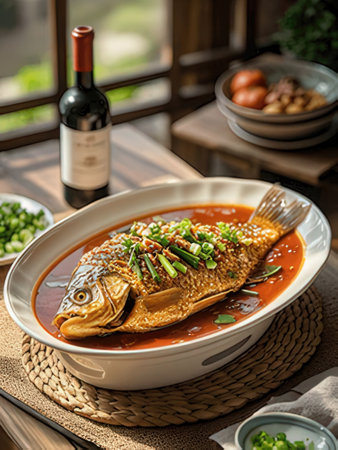 Baked fish with soy sauce in a white bowl and red wineの素材