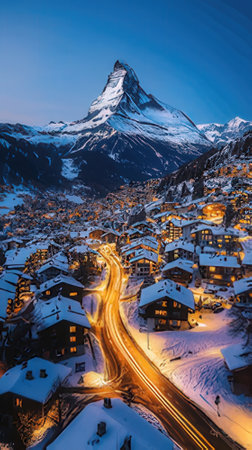 Matterhorn and Zermatt village in Switzerland at night.の素材