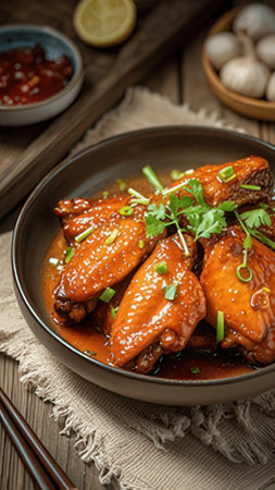 Honey glazed chicken wings in sweet and sour sauce on wooden backgroundの素材