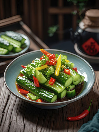 Chinese cucumber salad with red pepper and sesame seeds on wooden tableの素材