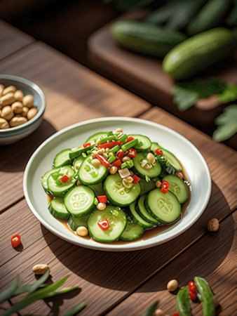 spicy cucumber salad with sesame seeds in bowl on wooden tableの素材