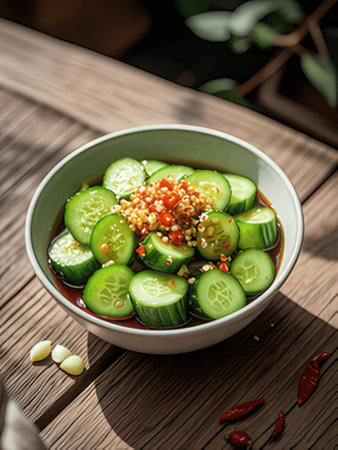 Spicy cucumber salad in a bowl on a wooden table.の素材