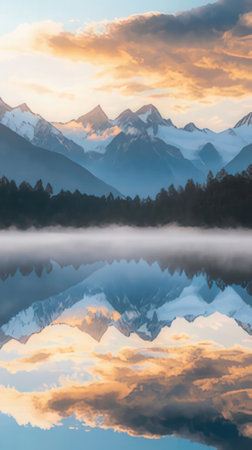 Reflection of the mountains in the lake at sunrise, Switzerland.の素材