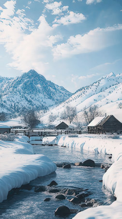Beautiful winter landscape with snow covered mountains and frozen river, retro tonedの素材
