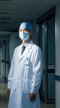 asian male doctor in mask and gloves standing in corridor of hospitalの素材