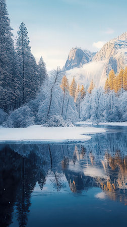 Beautiful winter landscape with frozen lake and snow covered trees in mountainsの素材