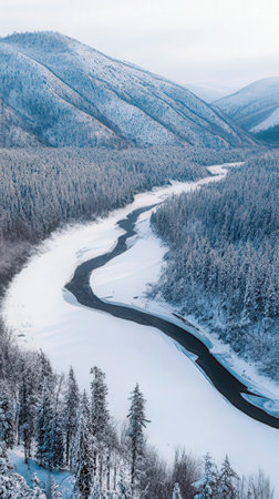 Beautiful winter landscape with river and snow-covered forest in mountainsの素材