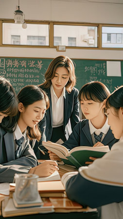 Group of Asian female high school students studying together in the classroom.の素材