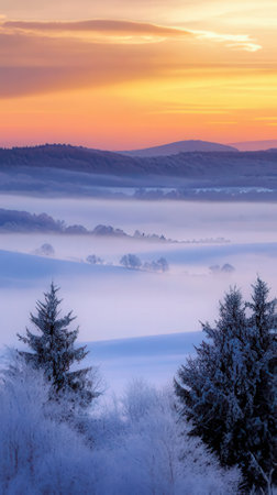 Foggy winter sunrise in the Carpathian mountains, Ukraineの素材