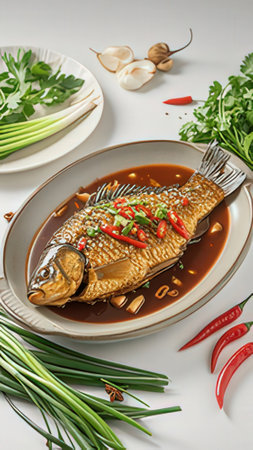 Delicious steamed fish in soy sauce on white table, closeupの素材