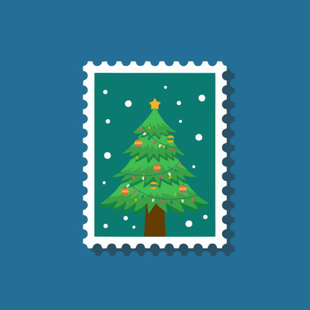 Christmas post stamp with christmas tree. Vector illustration in flat styleのイラスト素材