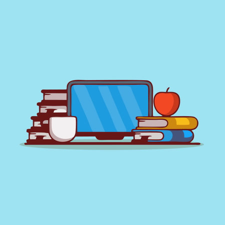Laptop with books and cup of coffee. Vector illustration in flat style.のイラスト素材